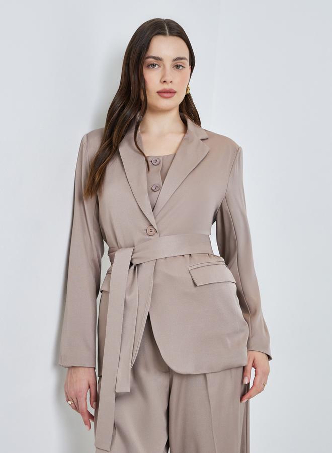 Styli Women Beige Regular Fit Belted Blazer - Image 5